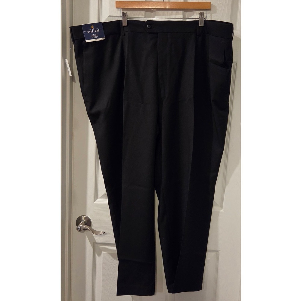 Stafford Travel Dress Pants 52x29 NWT Black Flat Front Big Tall Super Trouser